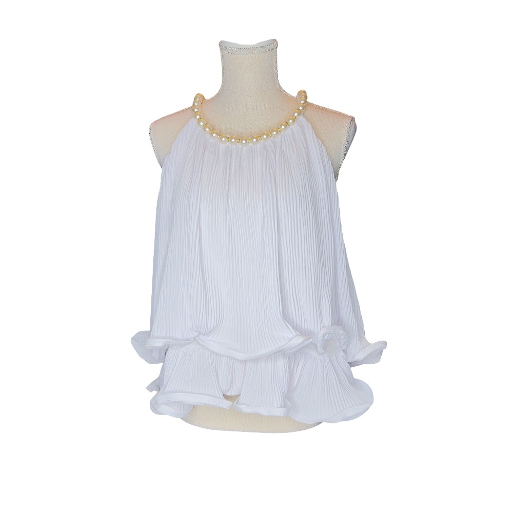 # A217  WHY Dress  Pearlcore  White Pleated Pearl neckline  RuffleTop L NWT